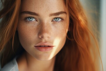 Fototapeta premium Close up of a woman with freckles on her face, suitable for skincare or beauty concepts