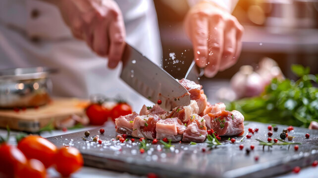 Male chef preparing ground meat with knife on wooden cutting board.