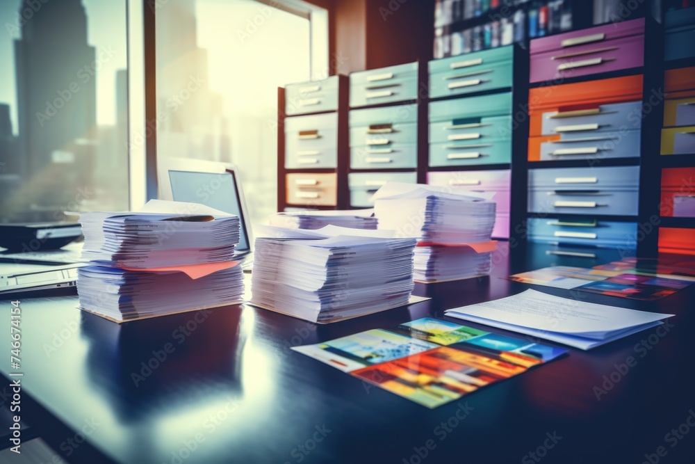 Poster Cluttered desk with scattered papers, suitable for office and organization concepts