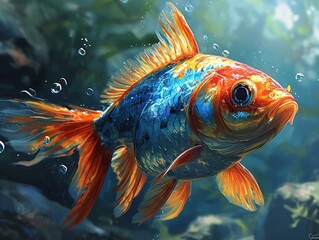 a very bright fish with two eyes and bubbles behind it, in the style of photorealistic fantasies - obrazy, fototapety, plakaty