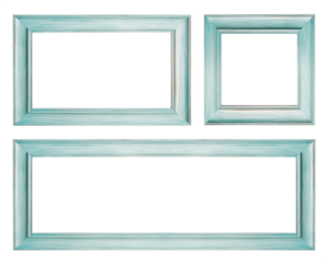 Simple teal colored wood frame. Various shapes and sizes. Square, retangular, extra wide. Transparent background PNG. Minimalism simple rustic wooden frame. Made of wood and painted in teal.