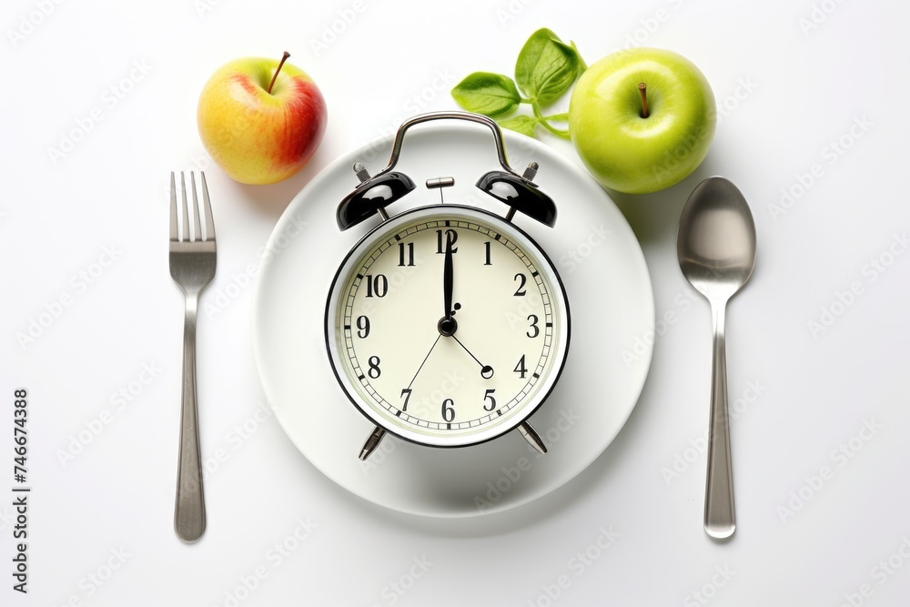 Aufkleber A simple composition of an alarm clock on a plate next to an apple. Suitable for various concepts and designs
