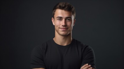 Naklejka premium A man in a black shirt posing for a picture. Ideal for business or casual concept