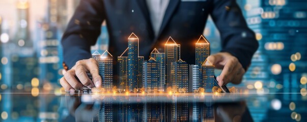 A real estate agent in a business hub, using a two-in-one laptop for data analytics in property development