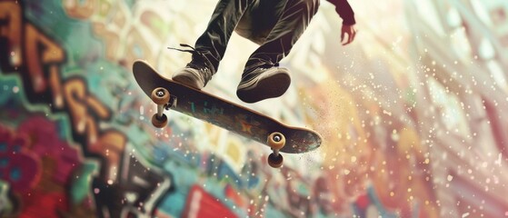 A skateboarder performing an ollie, urban setting, sense of freedom and skill, focus on the board and feet, dynamic street background