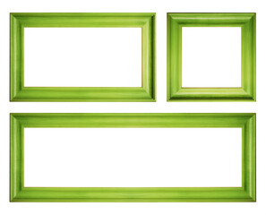 Simple green wood frame. Various shapes and sizes. Square, retangular, extra wide. Transparent background PNG. Minimalism simple rustic wooden frame. Made of wood and painted in green.