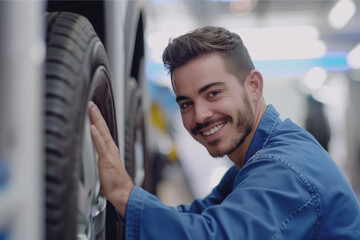 Smiling Mechanic in His Workshop Provides Car Service: Tire Change and Repair.
