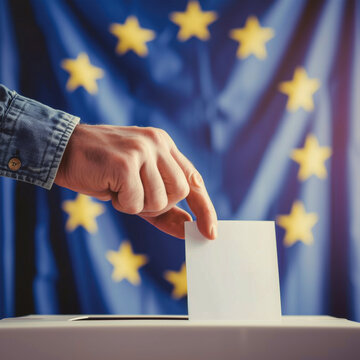 Man Casting Vote in Election Booth Next to European Union Flag in Vote Hall.