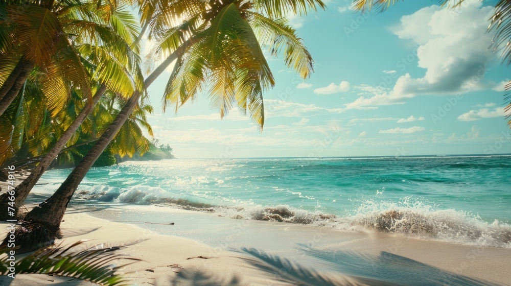 Poster sandy beach with palm trees and ocean in the background. perfect for travel and vacation concepts