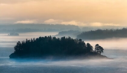 silhouette of a forested island in the fog panoramic image - obrazy, fototapety, plakaty