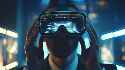 A man wearing virtual reality glasses.