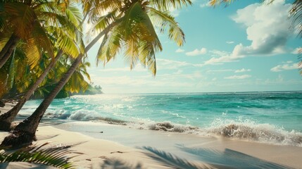 Sandy beach with palm trees and ocean in the background. Perfect for travel and vacation concepts