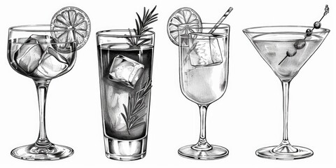 Three glasses filled with different beverages, perfect for illustrating variety in drinks - obrazy, fototapety, plakaty