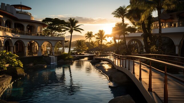 a view of a resort during sunset, in the style of sumatraism, white and bronze, exacting precision, abbott fuller graves, vfxfriday