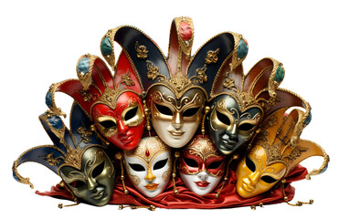 Decorative Arrangement of Festive Carnival Masks Isolated on Transparent Background PNG.