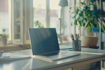 A laptop computer placed on a desk, suitable for office or technology concepts
