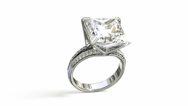 Rotating shining princess cut solitaire diamond ring in white gold. 3d animation on white background