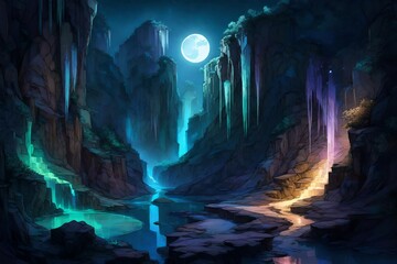 A spectral canyon where the walls are adorned with luminous crystals, casting a radiant glow in the moonlight.