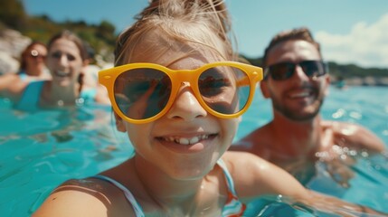 A man and a little girl enjoying a swim. Suitable for family and leisure concepts - obrazy, fototapety, plakaty
