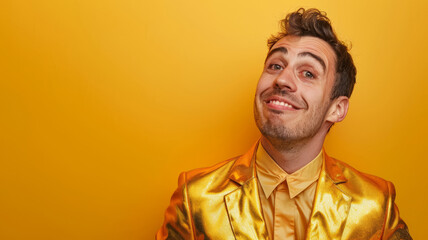 Obraz premium A handsome, confident young man smiles in a gold suit against a yellow wall.