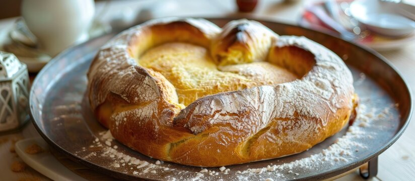 A loaf of freshly baked Mafalda bread, showcasing Sicilian artistry, sits on top of a metal plate with a golden crust and fluffy heart.