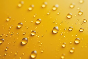 Fototapeta na wymiar Close up of water droplets on a bright yellow surface, suitable for various design projects