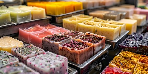Vibrant array of artisanal soaps available for purchase at market stall. Concept Artisanal Soaps, Market Stall, Vibrant Colors, Handcrafted Skincare, Local Artisans