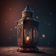 Gold decorated lantern with burning candle on wooden floor dark background. Lantern as a symbol of Ramadan for Muslims. - obrazy, fototapety, plakaty