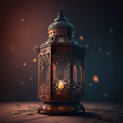 Foto op Plexiglas Gold decorated lantern with burning candle on wooden floor dark background. Lantern as a symbol of Ramadan for Muslims. © Hawk