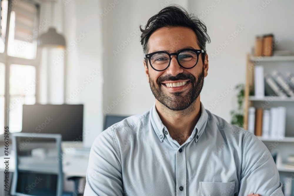 Poster a man with glasses and a beard smiling at the camera. suitable for business and lifestyle concepts