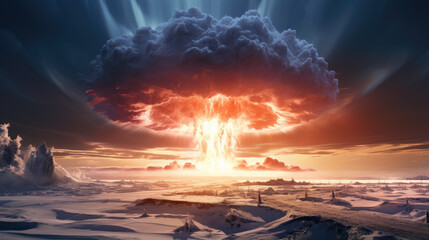 Nuclear explosion in the arctic snow fields Nuke bomb mushroom radioactive cloud