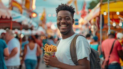 Fototapeta premium A young student smiling outdoors with onion rings.