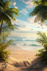 Obraz premium Tropical beach scene with palm trees and ocean view. Ideal for travel and vacation concepts