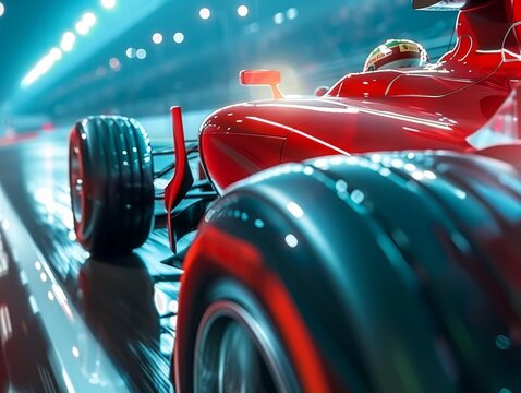 Close-up of a Formula 1 car at extreme velocity, detailed aerodynamics, intense focus of the driver