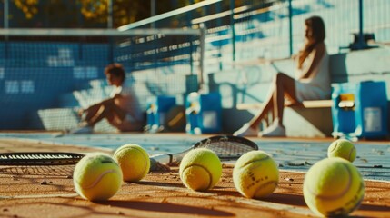 tennis court with scattered tennis balls and a racket in the foreground, and two people resting in the background