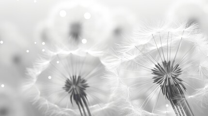 Black and white abstract dandelion flower background, extreme closeup with soft focus