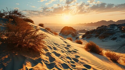 a walk through the dunes in the desert, in the style of photo-realistic landscapes, empire, islamic calligraphy, orientalist - obrazy, fototapety, plakaty