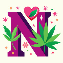 Letter N with rise some cannabis and leaf and some heart with white background 