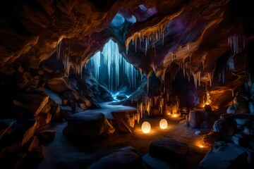 A hidden cave illuminated by the soft glow of mystical crystals, creating a subterranean realm of wonder. - obrazy, fototapety, plakaty