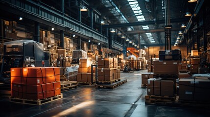 a warehouse with boxes standing in front of a large aisle way, in the style of commercial imagery, photorealistic, industrial machinery aesthetics,aesthetic, focus stacking, heistcore - obrazy, fototapety, plakaty