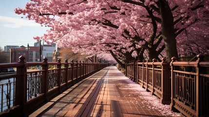 a walkway covered with cherry trees under the  cherry blooming festival, in the style of manapunk, landscape inspirations, light pink and bronze, gentle whimsy, tranquil gardenscapes, storybook-like,  - obrazy, fototapety, plakaty