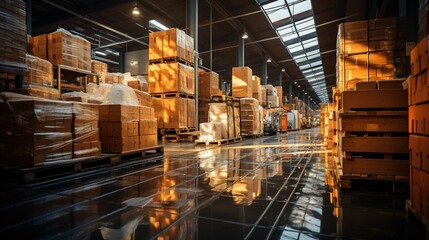 a warehouse with pallets and boxes, high quality photo, precisionism influence, transportcore, airy and light - obrazy, fototapety, plakaty