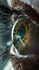 Close-up of Human Eye with Digital Binary Code Overlay