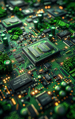 Close-up of a Green Circuit Board with Glowing Lights and Chips