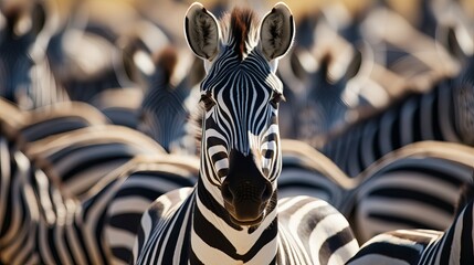 Close up from a zebra surrounded with  black and white stripes in his herd - obrazy, fototapety, plakaty