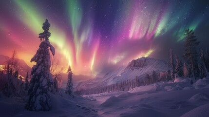 Spectacular northern lights over a snowy landscape