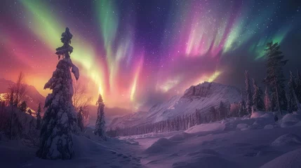 Papier Peint photo Aubergine Spectacular northern lights over a snowy landscape