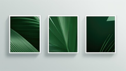 Three framed photographs of green leaves on a white wall. Suitable for home decor or nature-themed designs