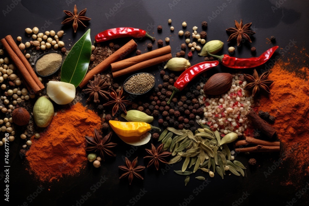 Poster Various spices arranged on a dark background, ideal for culinary concepts