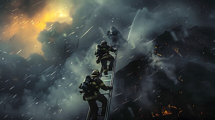 Firefighters on a ladder during a storm